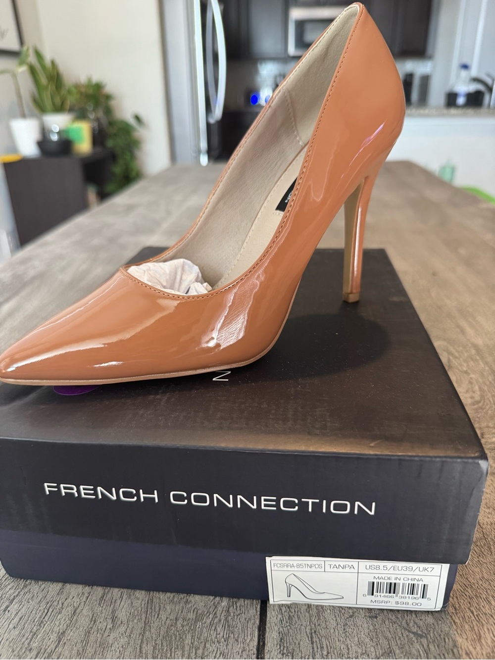 French Connection Nude-Tan Patent Pointed Stiletto Pump